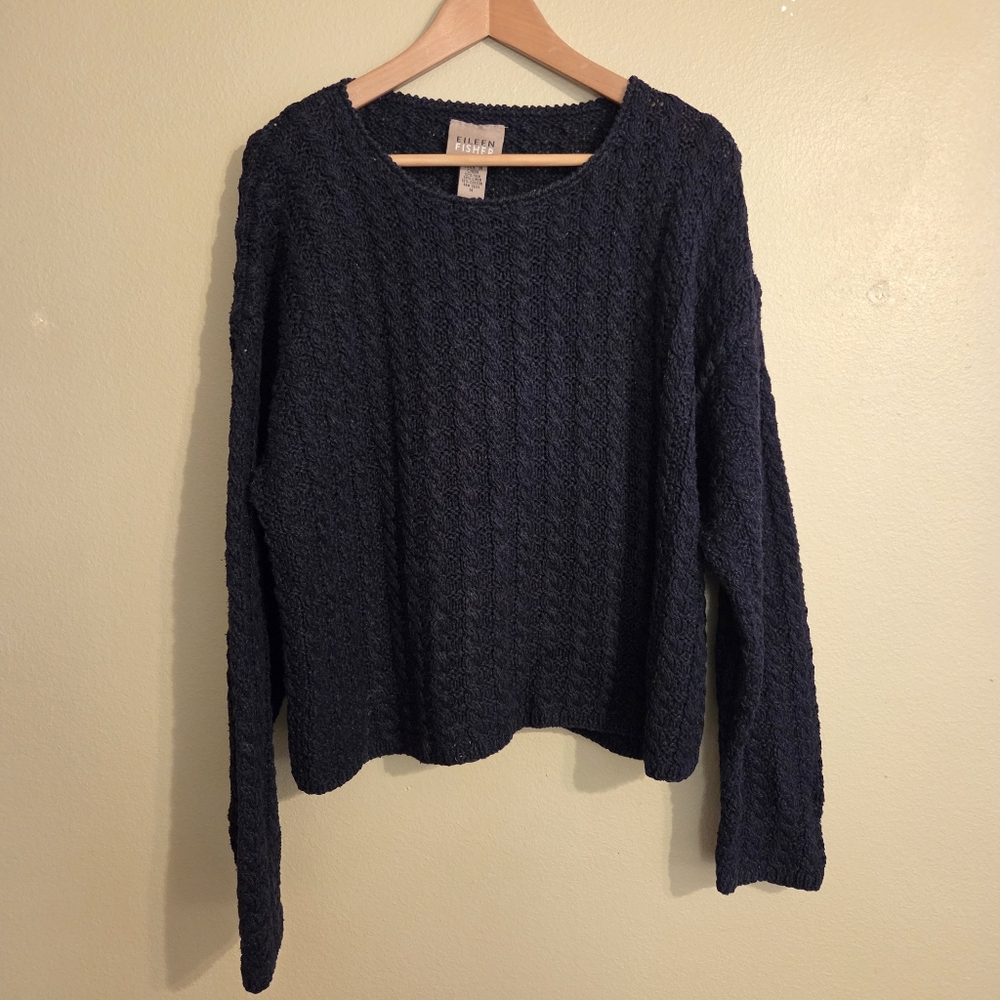 EILEEN FISHER Navy Blue Silk Linen Blend Chunky Cable Knit Crewneck Sweater SZ M
